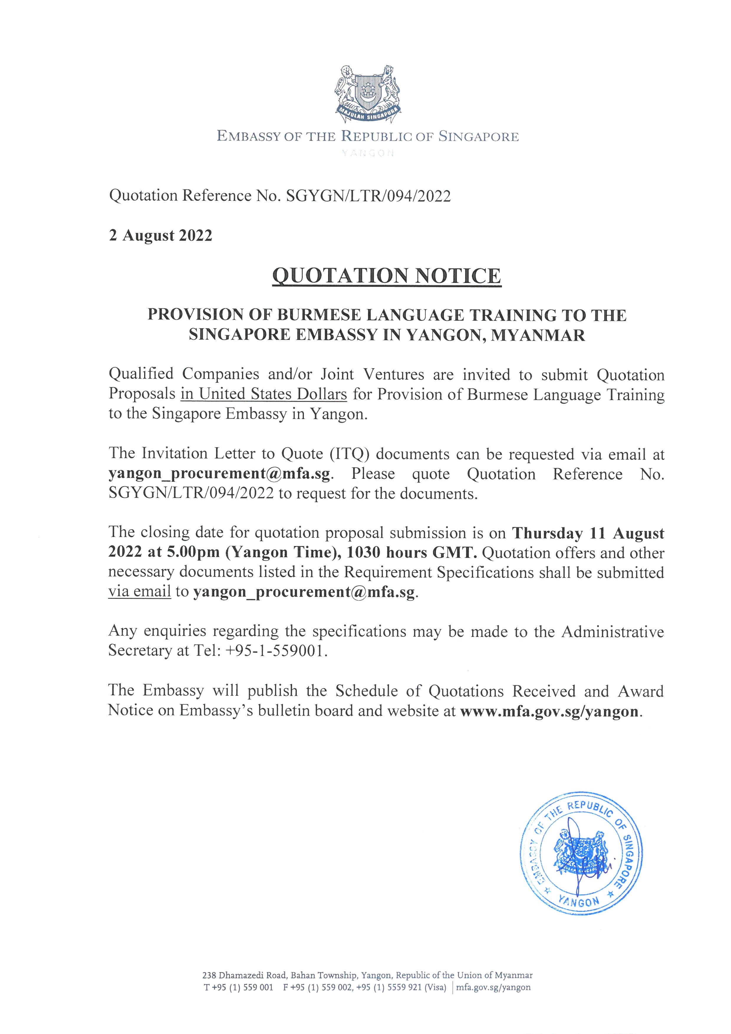 Singapore Embassy's "Quotation Notice" for Burmese language training, with contact info.